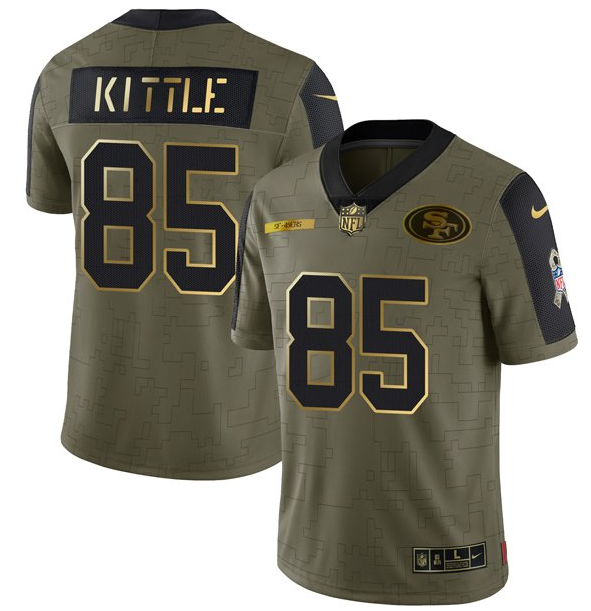 Men's San Francisco 49ers #85 George Kittle 2021 Olive Camo Salute To Service Golden Limited Stitched Jersey